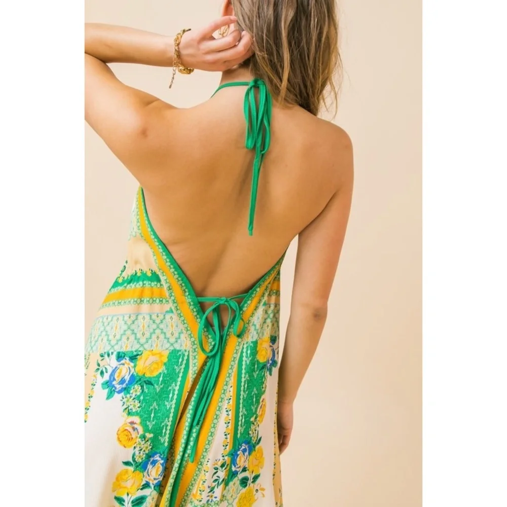 Flying Tomato Green & Ivory Patchwork Print Hanky Hem Halter Dress - Picture 4 of 9